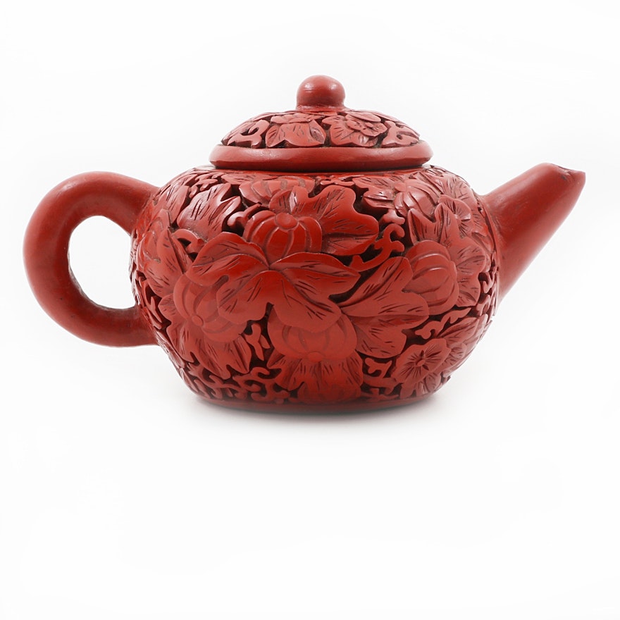 Chinese Carved Cinnabar Teapot