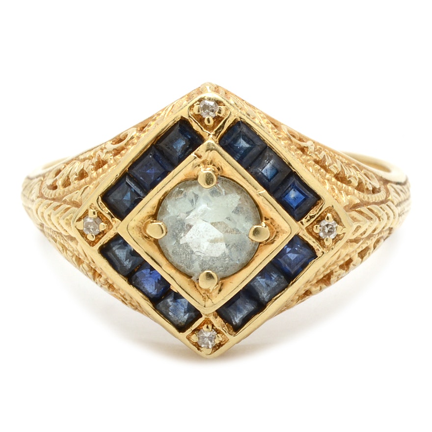 Vintage 14K Yellow Gold Aquamarine Sapphire and Diamond Ring