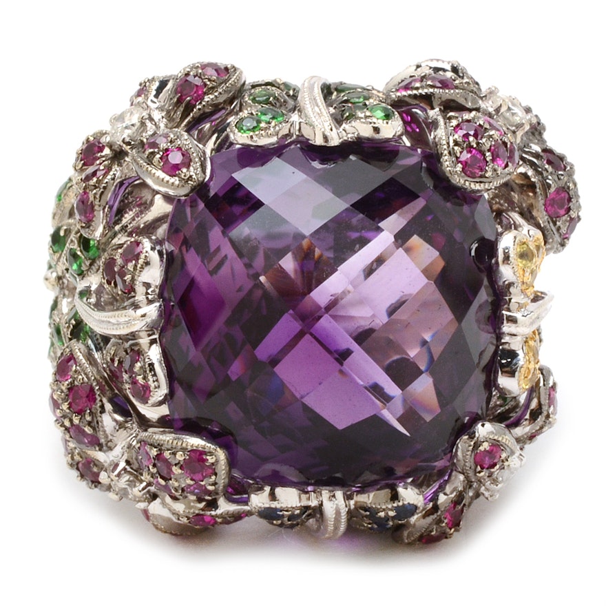 14K White Gold Amethyst Gemstone and Diamond Statement Ring