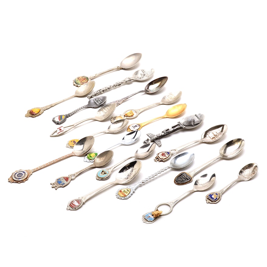 Twenty Souvenir Silver Plated and Pewter Advertising Spoons