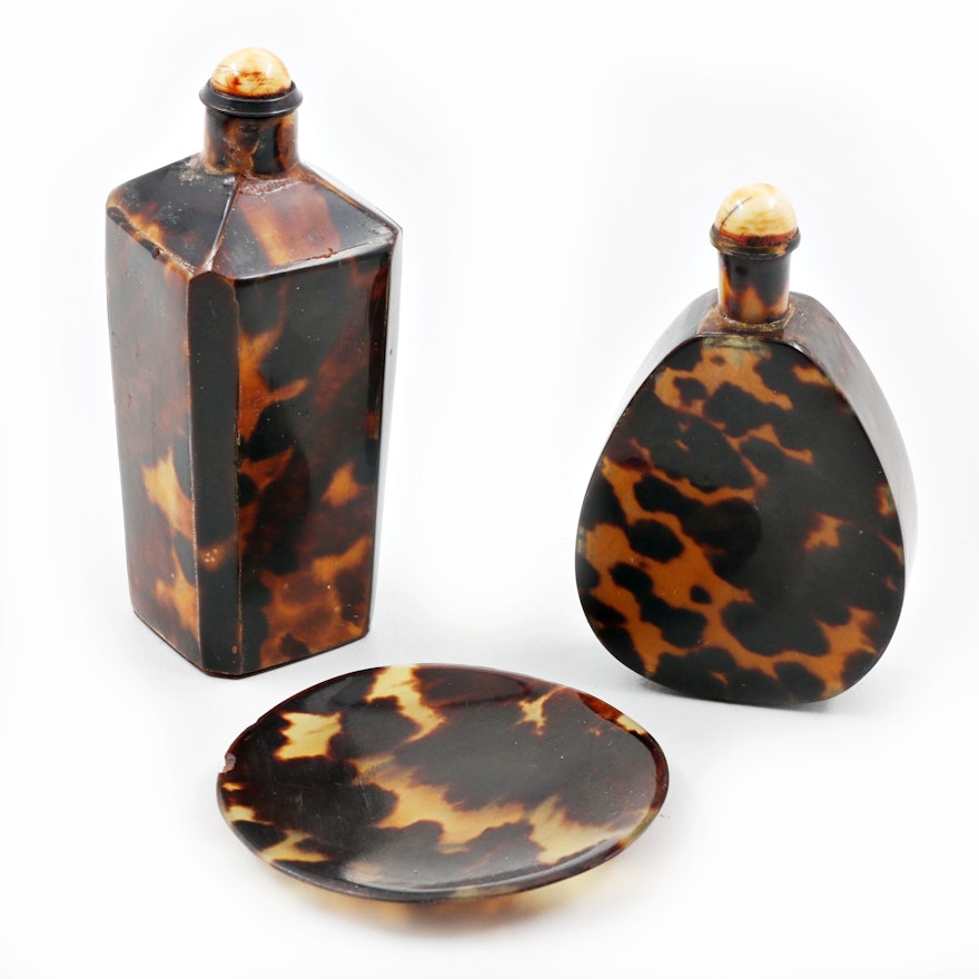 Collection of Tortoiseshell Snuff Bottles and Matching Dish