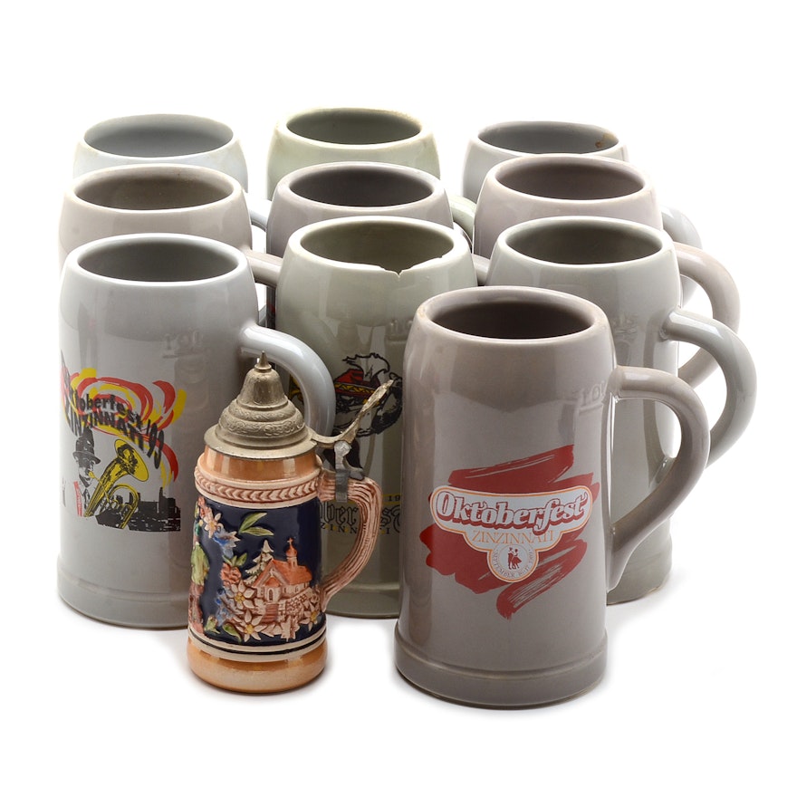 Assorted Octoberfest Stoneware Beverage Mugs and Vintage Beer Stein