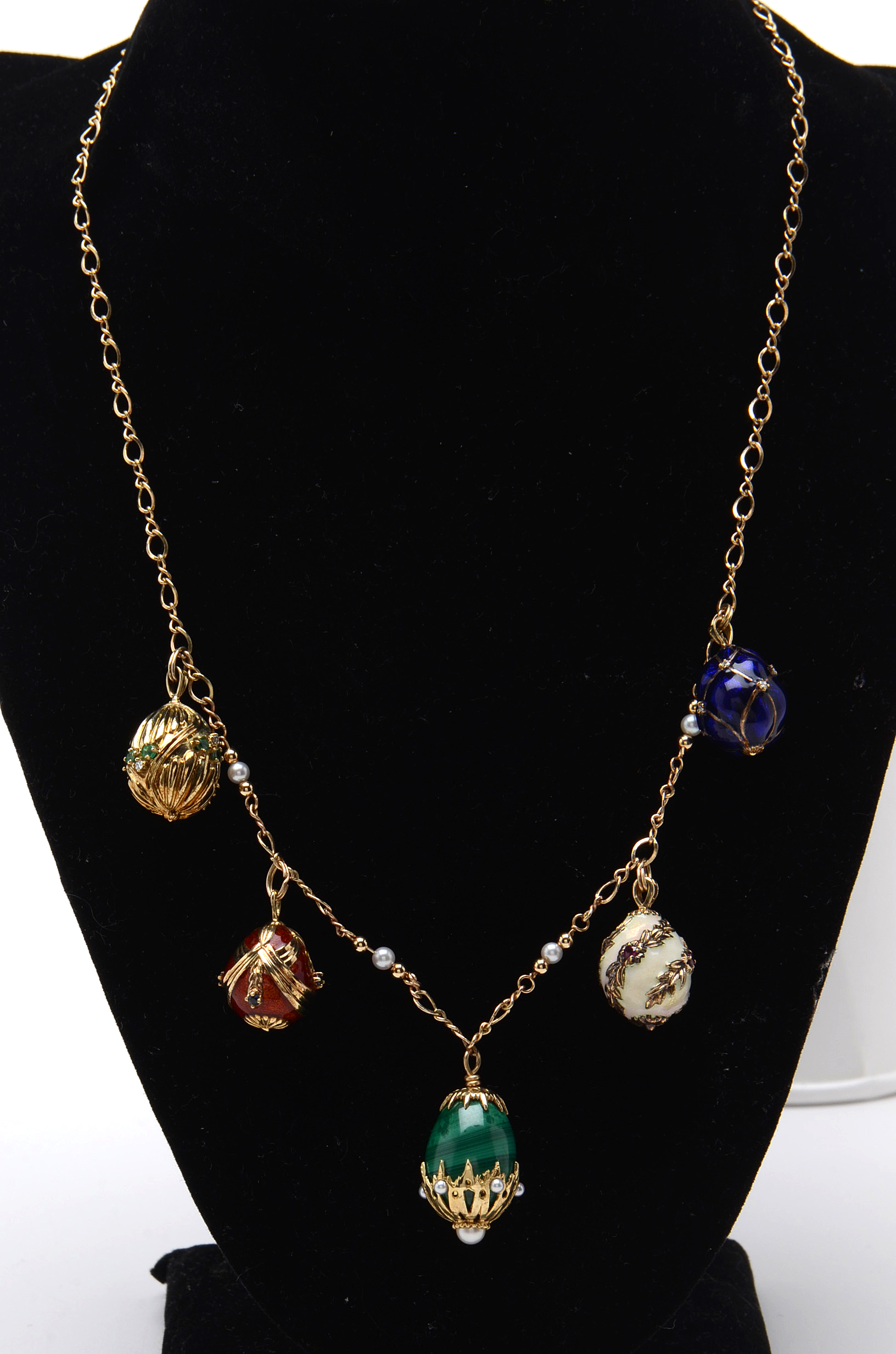 "House of Igor Carl Fabergé" 14K Yellow Gold Gemstone Fabergé Egg Necklace