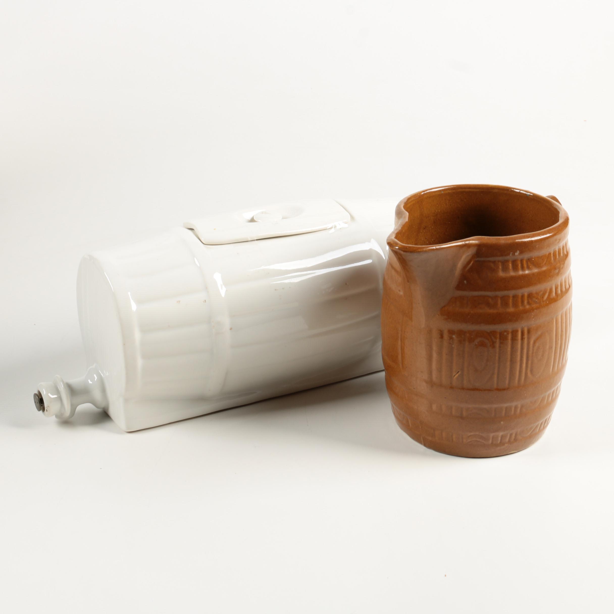 Vintage Ceramic Barrel Drink Dispenser and Pitcher