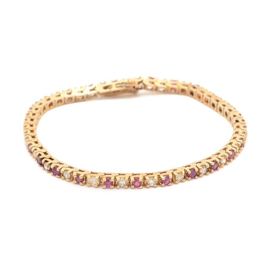 14K Yellow Gold Diamond and Ruby Tennis Bracelet
