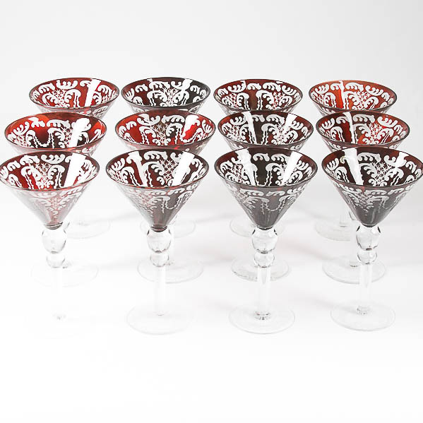 Set of Red Etched Glass Wine Glasses