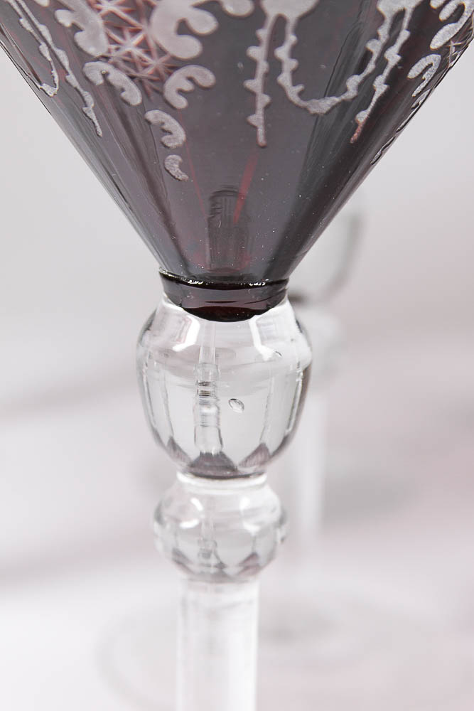 Set of Red Etched Glass Wine Glasses