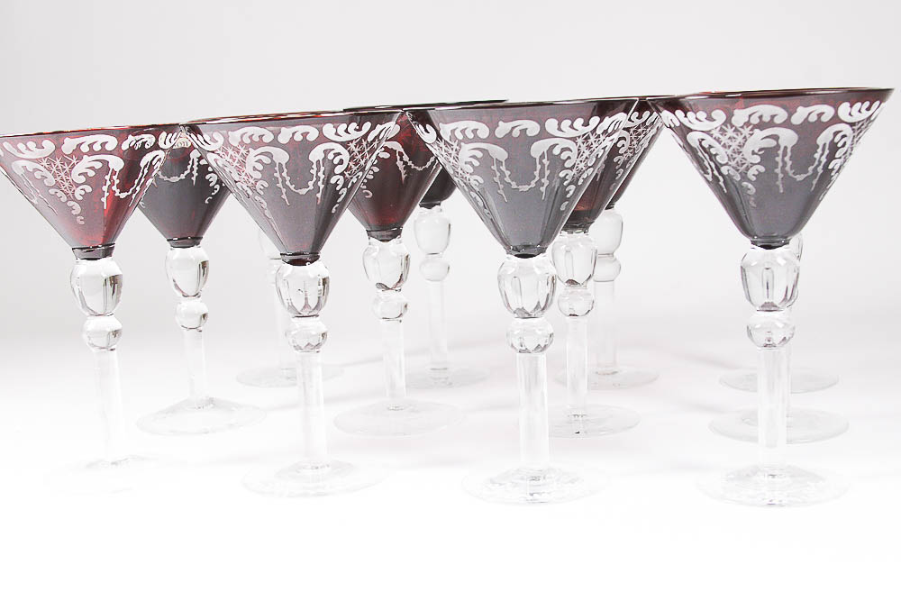 Set of Red Etched Glass Wine Glasses