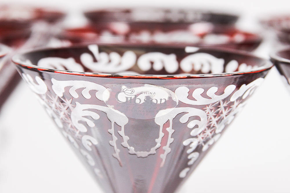 Set of Red Etched Glass Wine Glasses