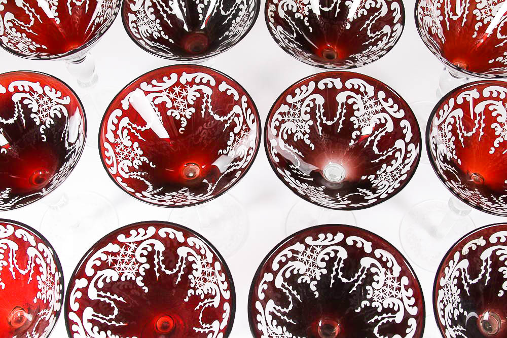 Set of Red Etched Glass Wine Glasses