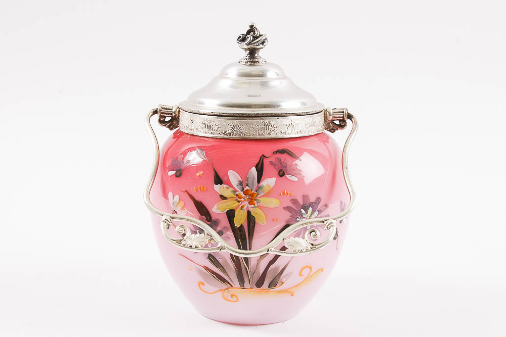 Hand-Painted Glass and Metal Biscuit Jar