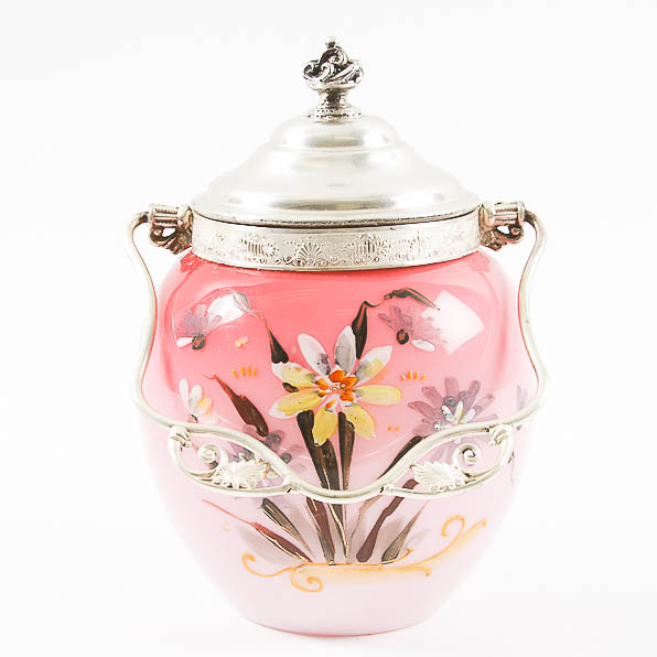 Hand-Painted Glass and Metal Biscuit Jar