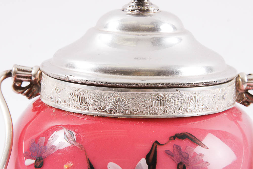 Hand-Painted Glass and Metal Biscuit Jar