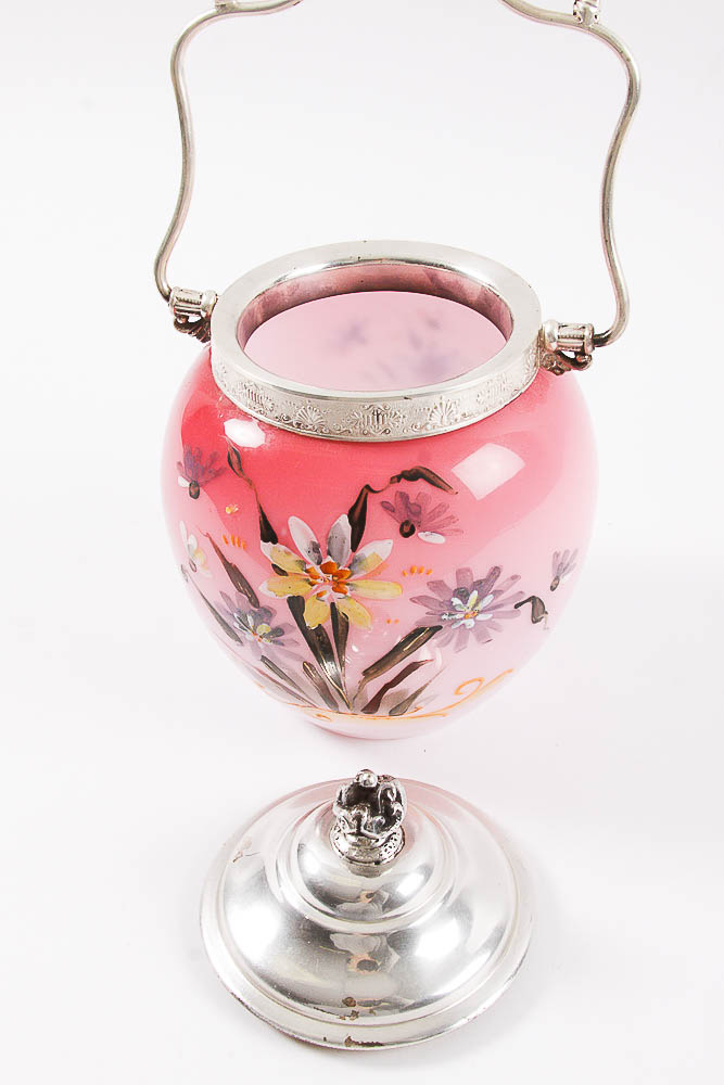 Hand-Painted Glass and Metal Biscuit Jar