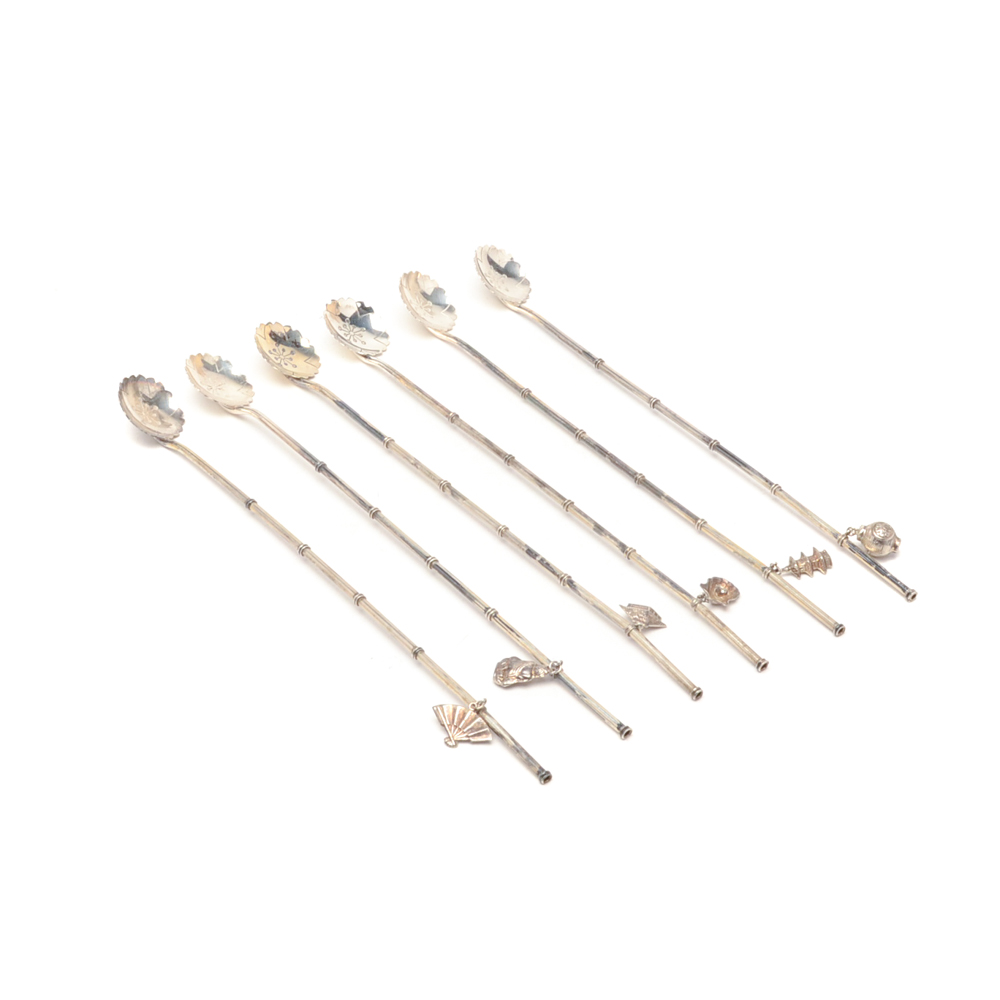 Vintage Sterling Silver Lotus Motif Sipper Straws