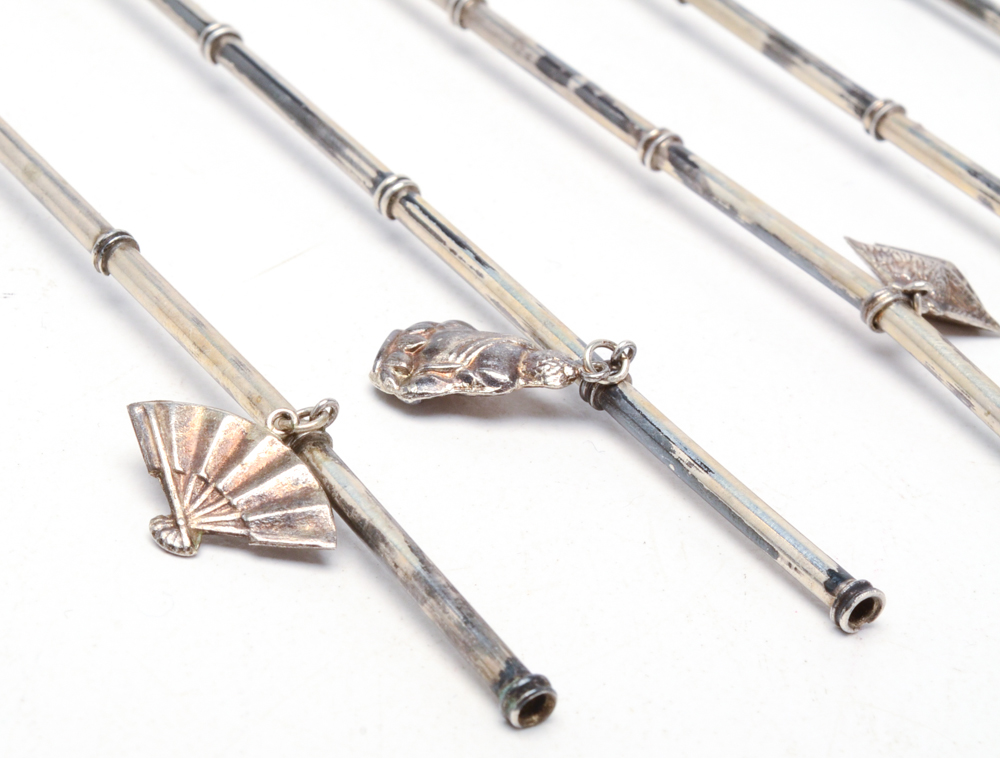 Vintage Sterling Silver Lotus Motif Sipper Straws
