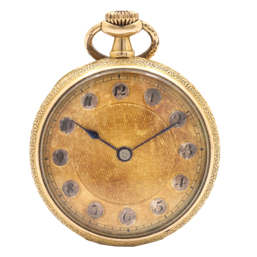 14K Yellow Gold Open Face Enameled Pocket Watch