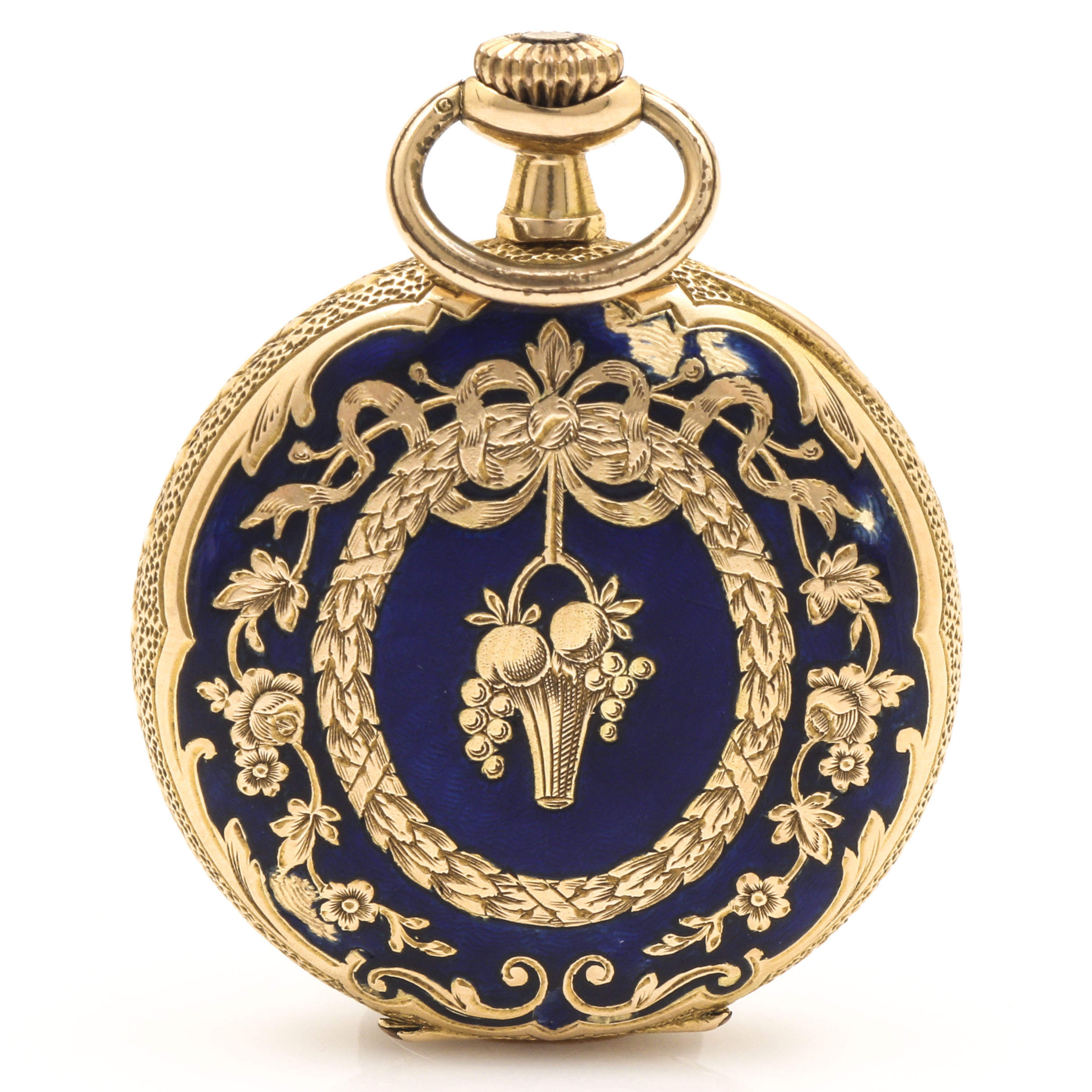 14K Yellow Gold Open Face Enameled Pocket Watch