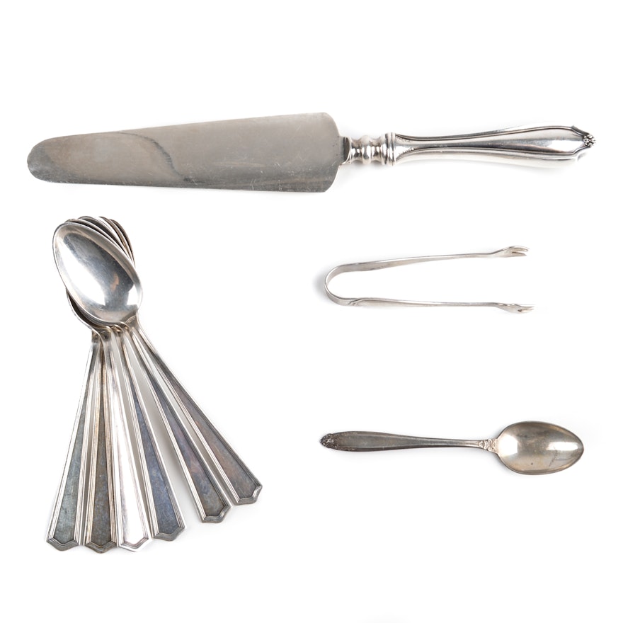 Sterling Silver Spoons, Tongs and Cake Server