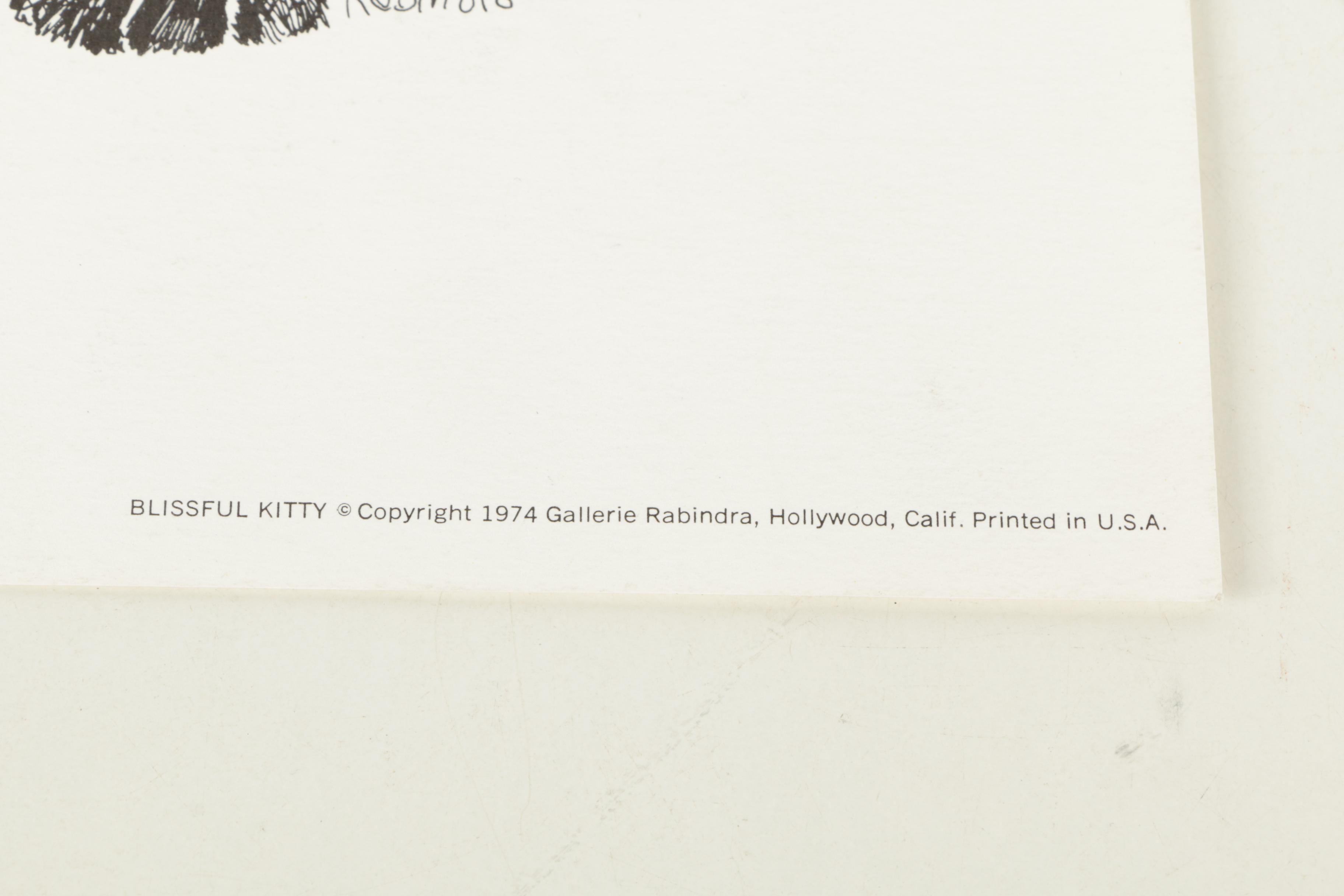 Gallerie Rabindra 1974 Planographic Print on Paper "Blissful Kitty"