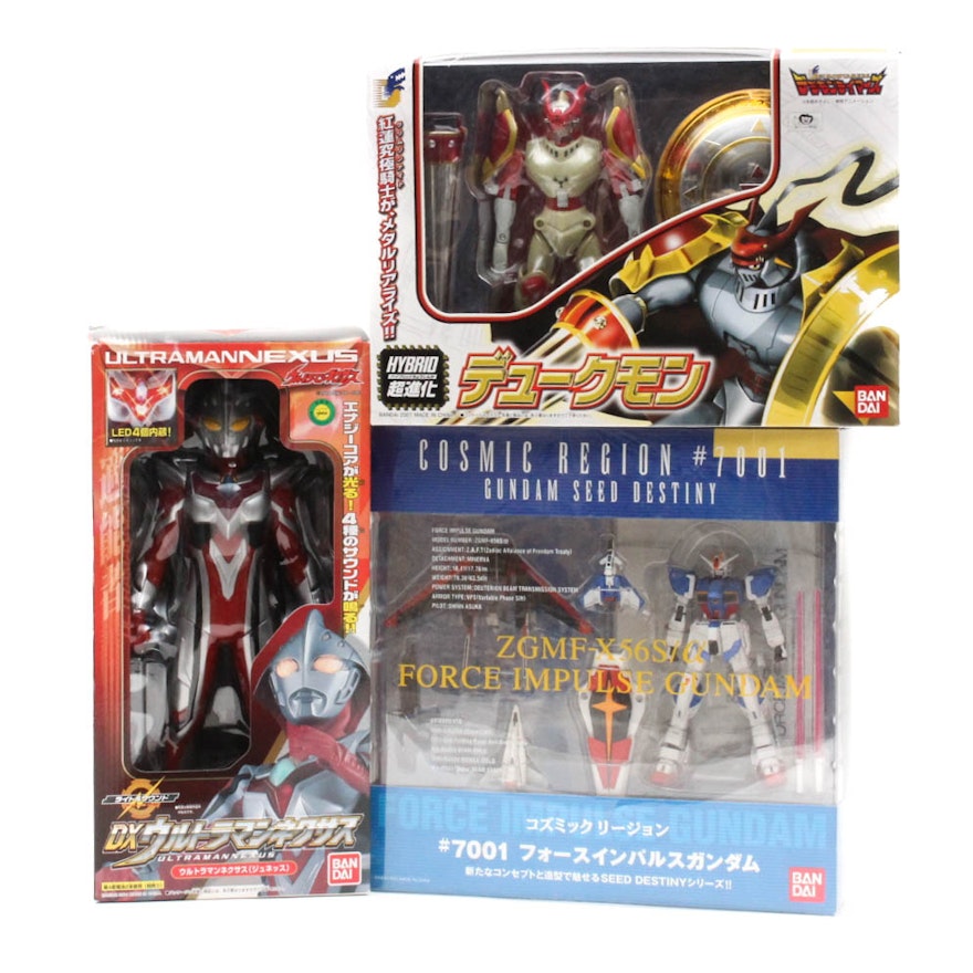 Bandai Figures with "Ultraman", "Dukemon", and "Force Impulse Gundam"