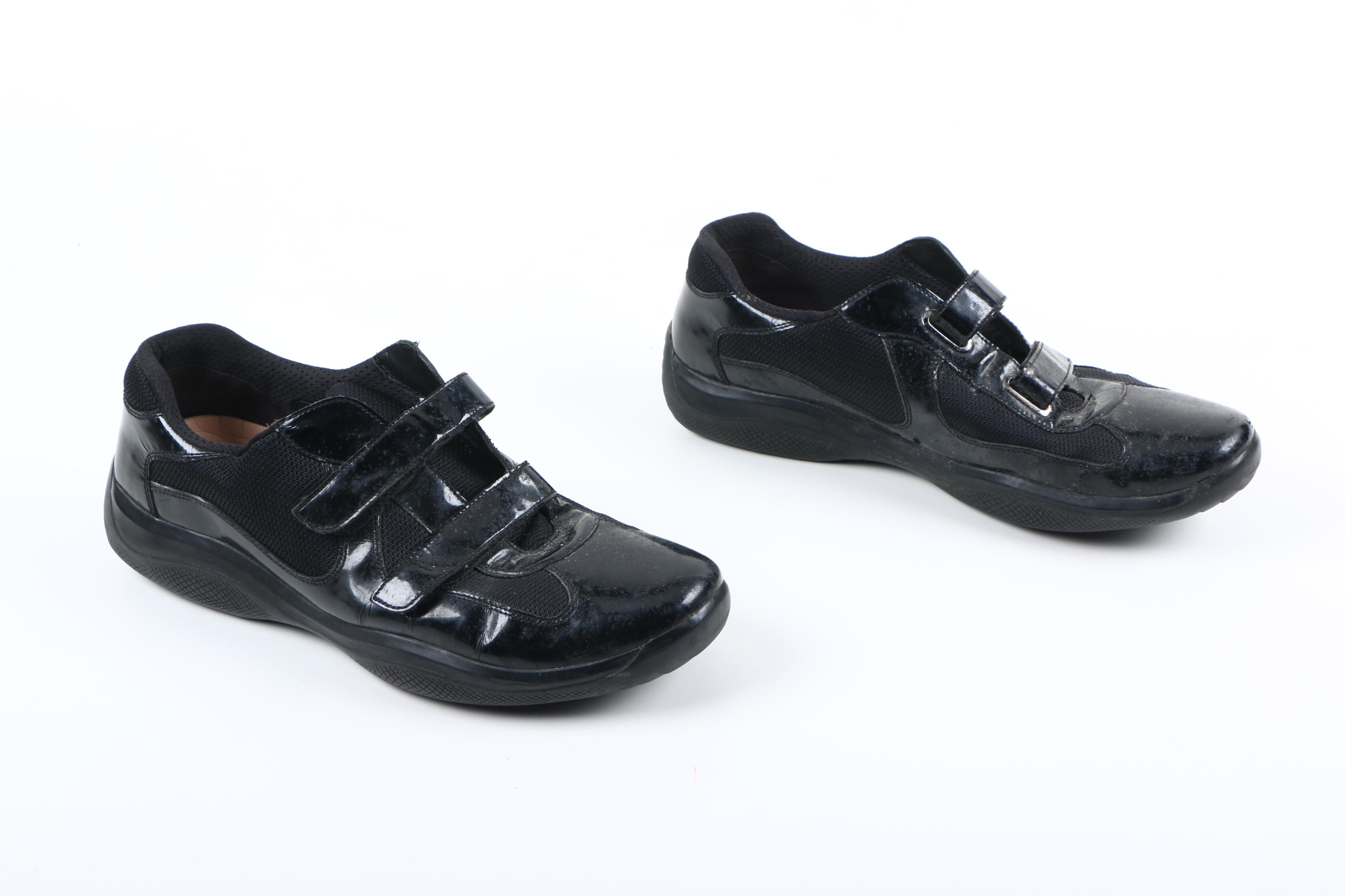 Men's Prada America's Cup Black Patent Leather and Mesh Sneakers