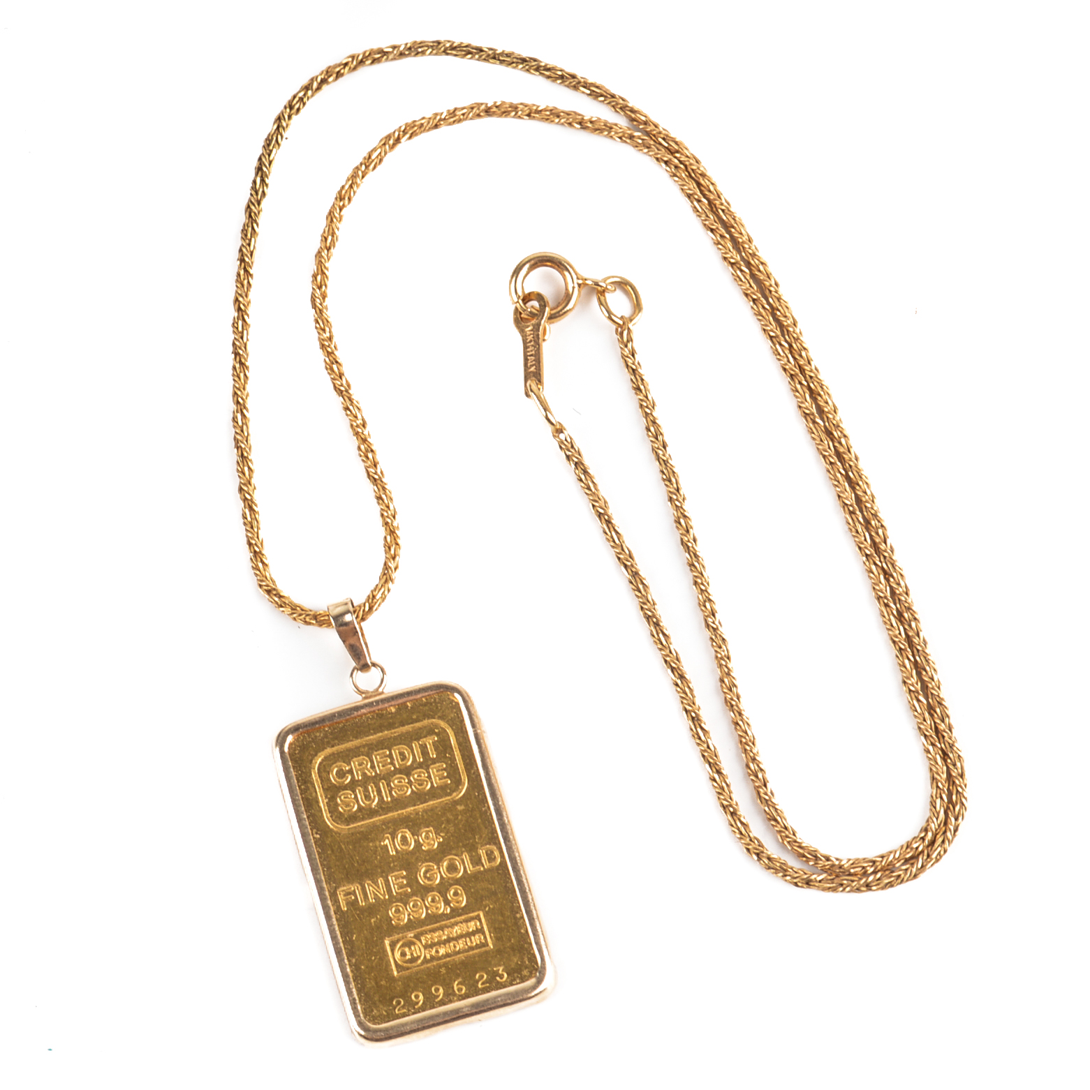 24K Yellow Gold Credit Suisse 10 Gram Gold Bar Pendant With 14K Gold Chain