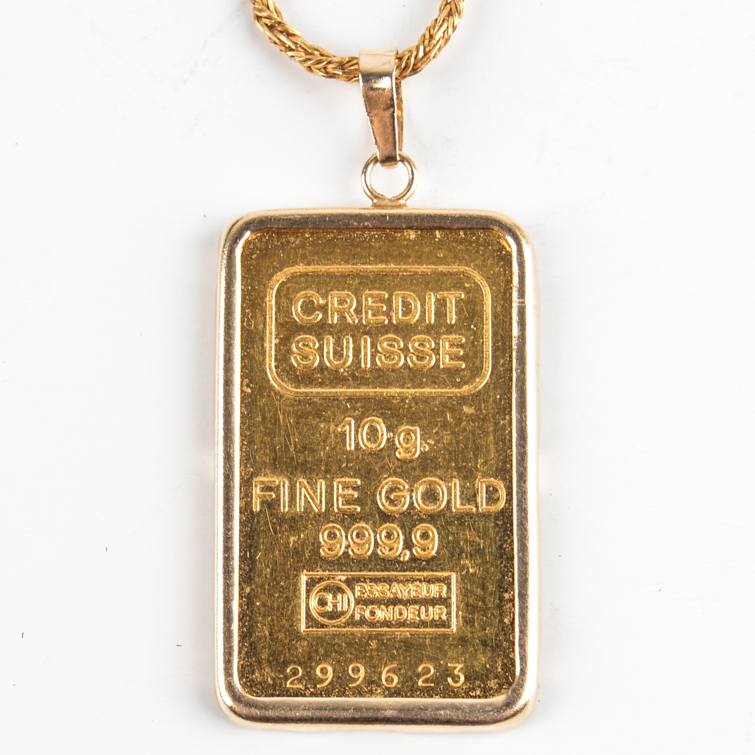 24K Yellow Gold Credit Suisse 10 Gram Gold Bar Pendant With 14K Gold Chain
