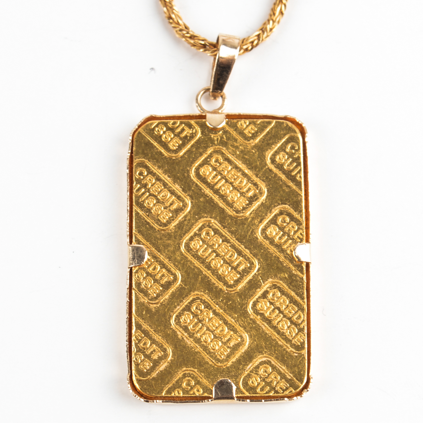 24K Yellow Gold Credit Suisse 10 Gram Gold Bar Pendant With 14K Gold Chain