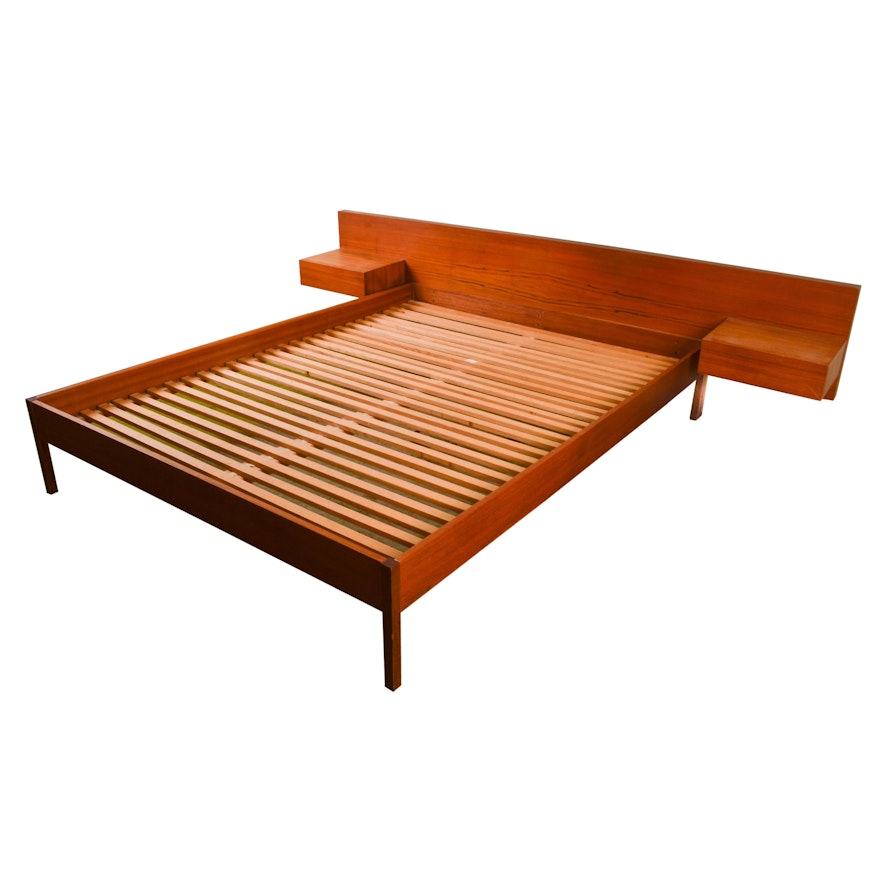 Danish Modern Queen Size Bed Frame With Floating Nightstands