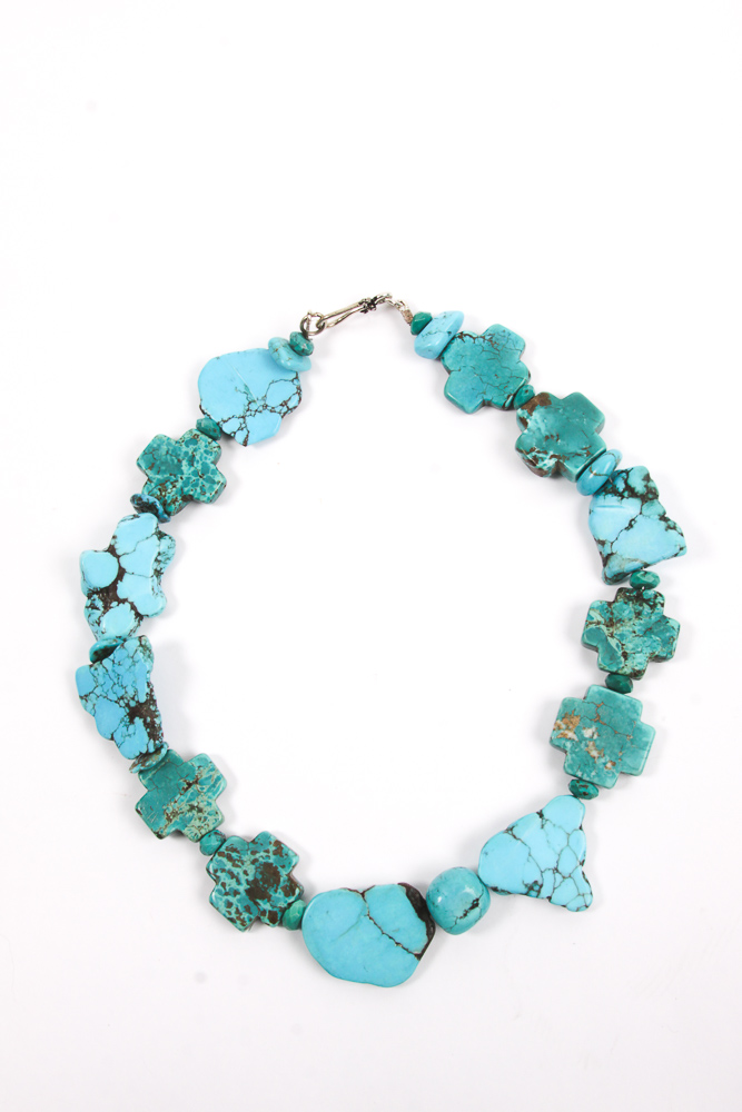 Turquoise Necklace and Sterling Silver and 14K Gold Earrings