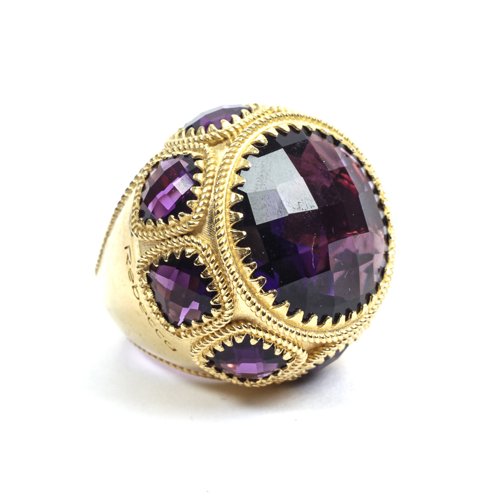 Rebecca Designer Gold Tone Ring with Purple Amethysts