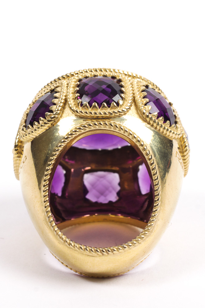 Rebecca Designer Gold Tone Ring with Purple Amethysts