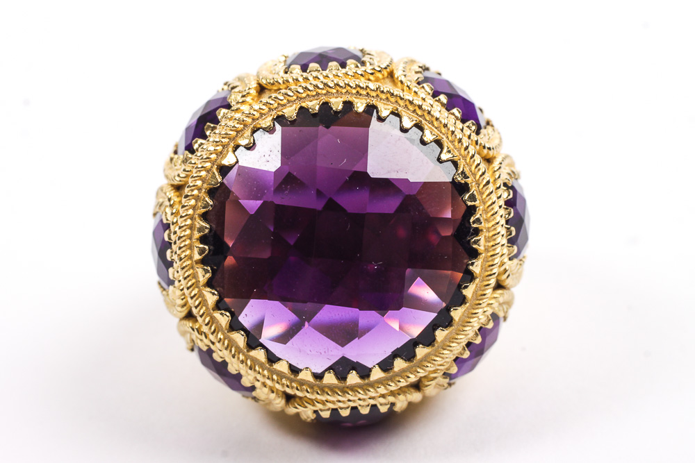 Rebecca Designer Gold Tone Ring with Purple Amethysts