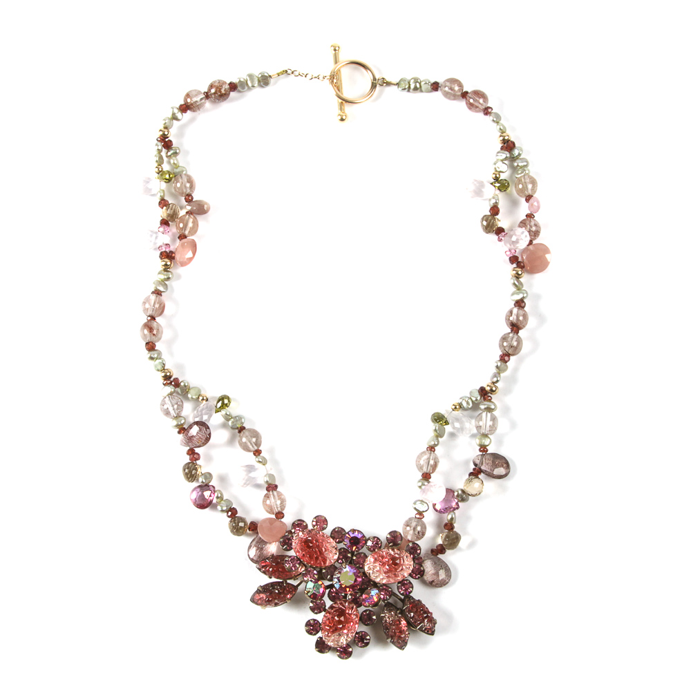 14K Gold and Gemstone Bead Necklace with a Vintage Costume Brooch Accent