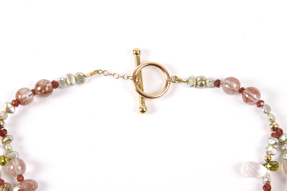 14K Gold and Gemstone Bead Necklace with a Vintage Costume Brooch Accent