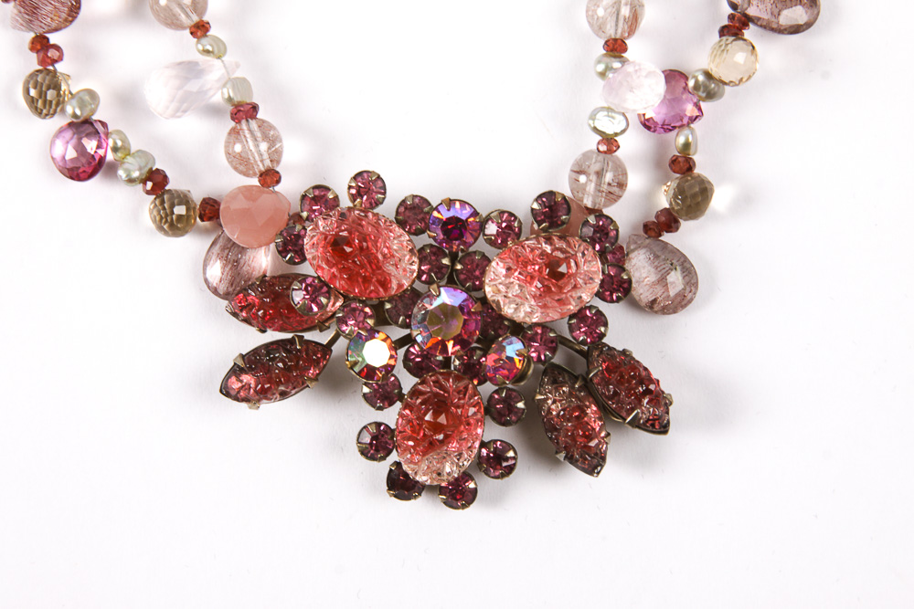 14K Gold and Gemstone Bead Necklace with a Vintage Costume Brooch Accent