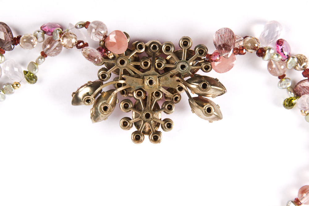 14K Gold and Gemstone Bead Necklace with a Vintage Costume Brooch Accent