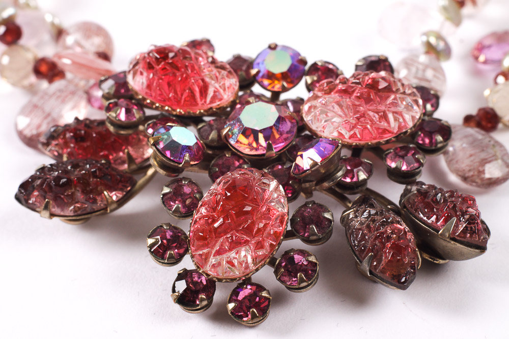 14K Gold and Gemstone Bead Necklace with a Vintage Costume Brooch Accent