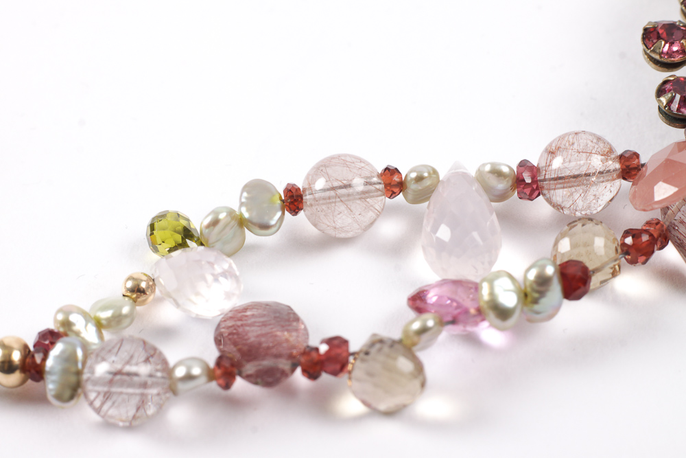 14K Gold and Gemstone Bead Necklace with a Vintage Costume Brooch Accent