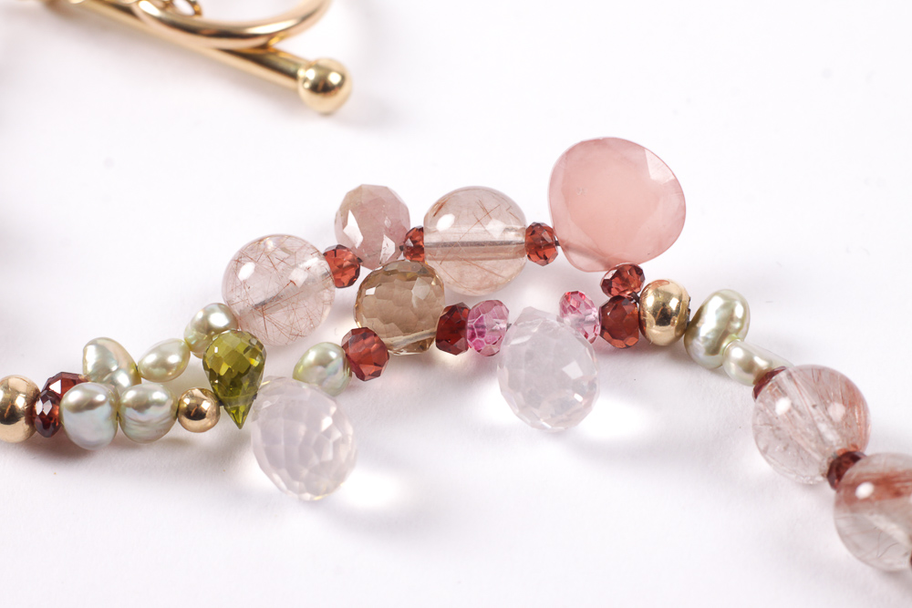 14K Gold and Gemstone Bead Necklace with a Vintage Costume Brooch Accent