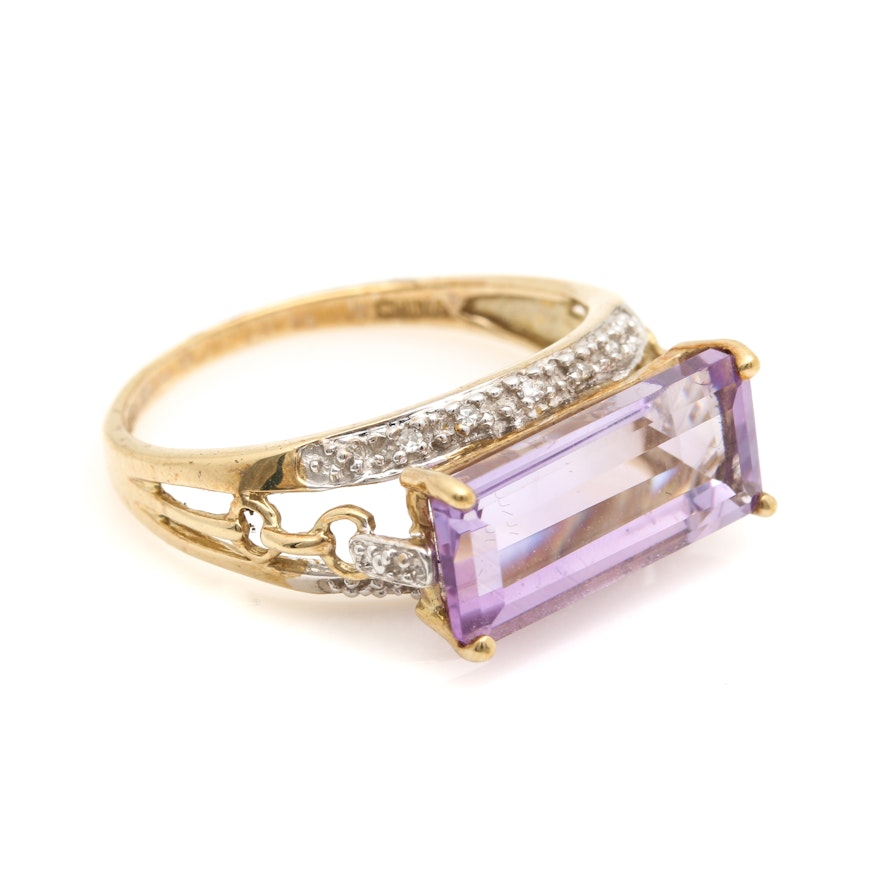 10K Yellow Gold Amethyst and Diamond Ring