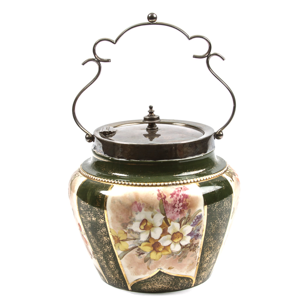 Vintage English Porcelain Biscuit Jar with Silver Plate Mount