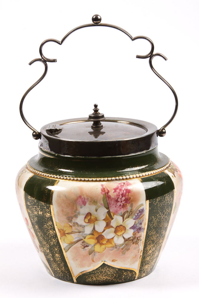 Vintage English Porcelain Biscuit Jar with Silver Plate Mount