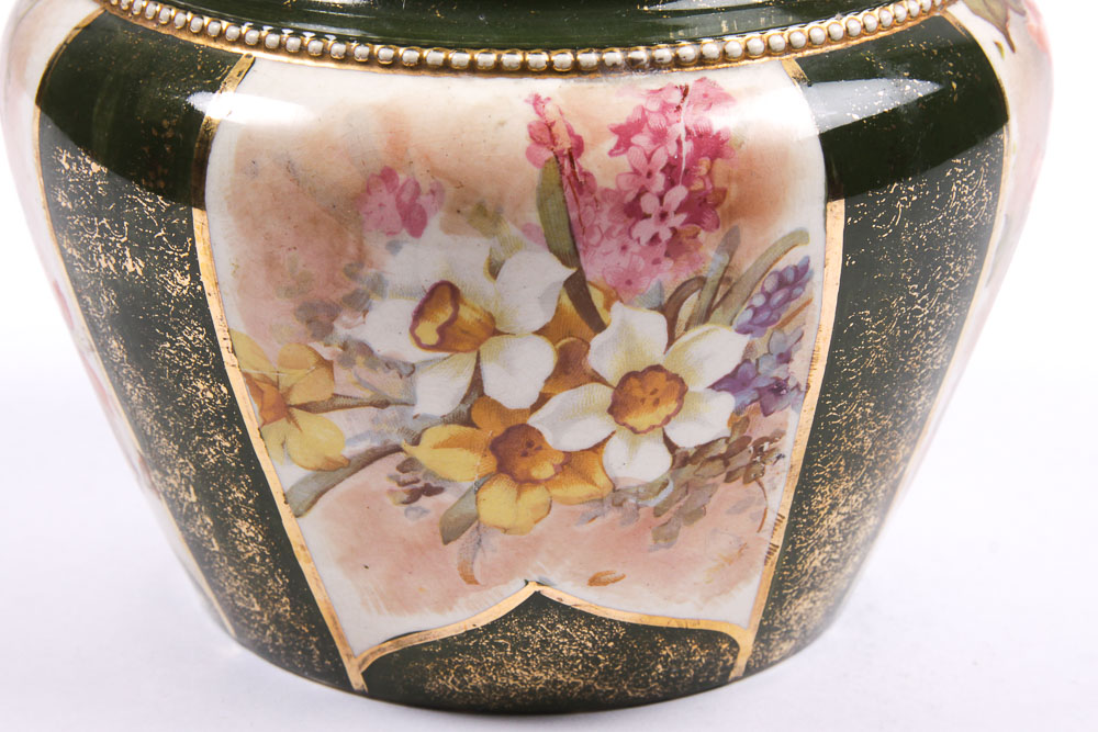 Vintage English Porcelain Biscuit Jar with Silver Plate Mount