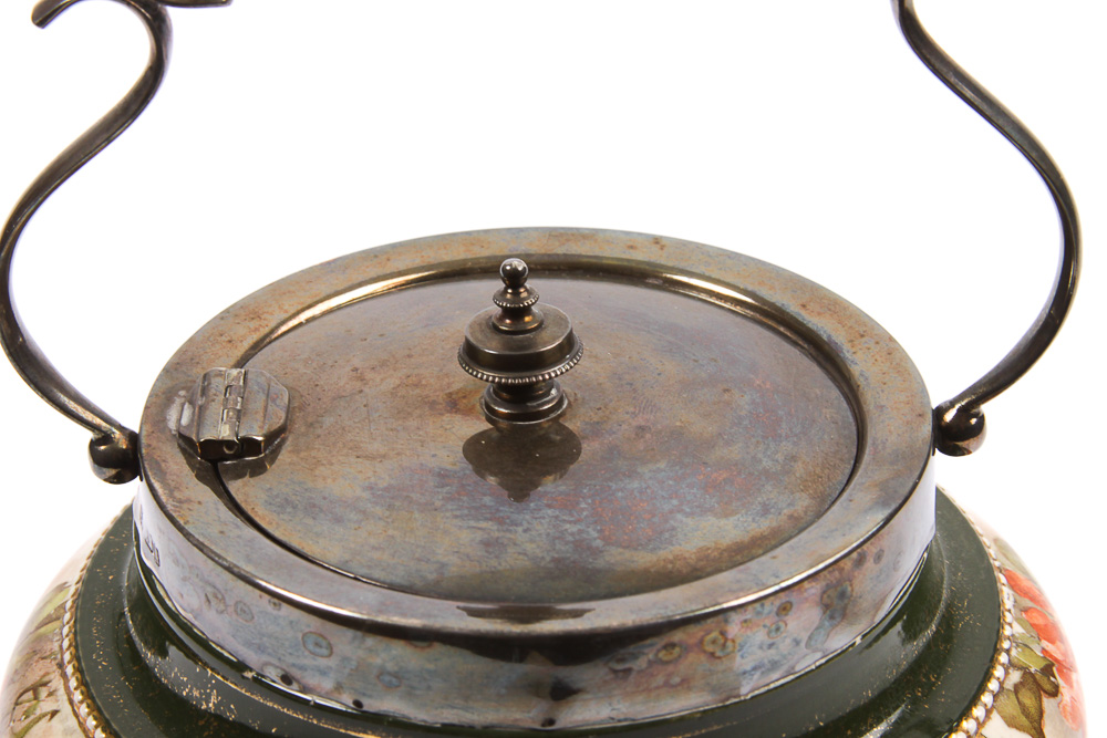 Vintage English Porcelain Biscuit Jar with Silver Plate Mount
