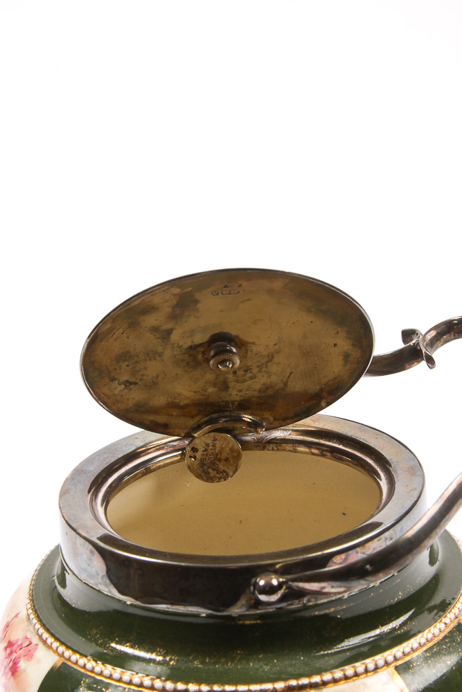 Vintage English Porcelain Biscuit Jar with Silver Plate Mount