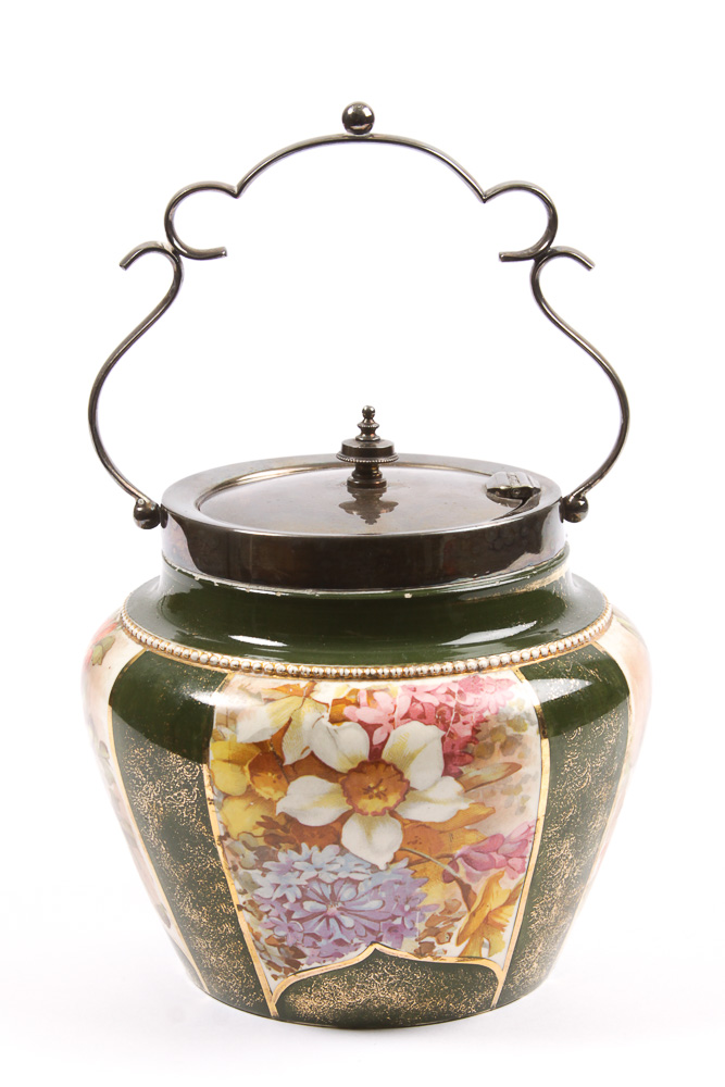 Vintage English Porcelain Biscuit Jar with Silver Plate Mount