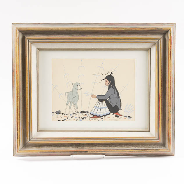 Serigraph After Robert Chee of Navajo Girl and Lamb