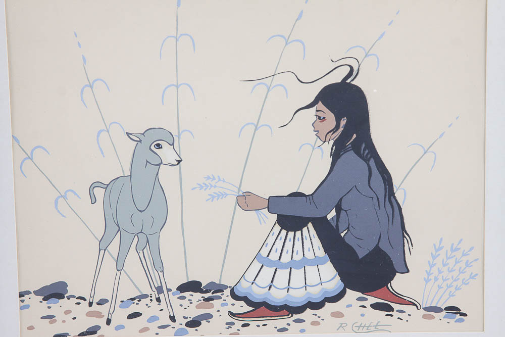 Serigraph After Robert Chee of Navajo Girl and Lamb